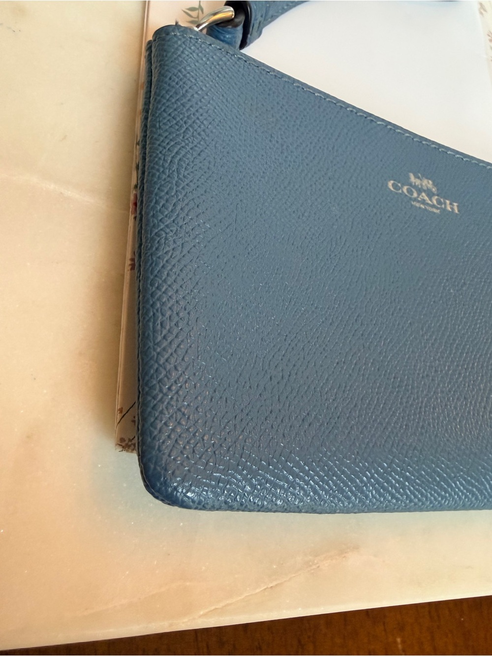Coach Light Blue Crossgrain Leather Corner Zip Wristlet Silver Horse & Carriage - Picture 6 of 12